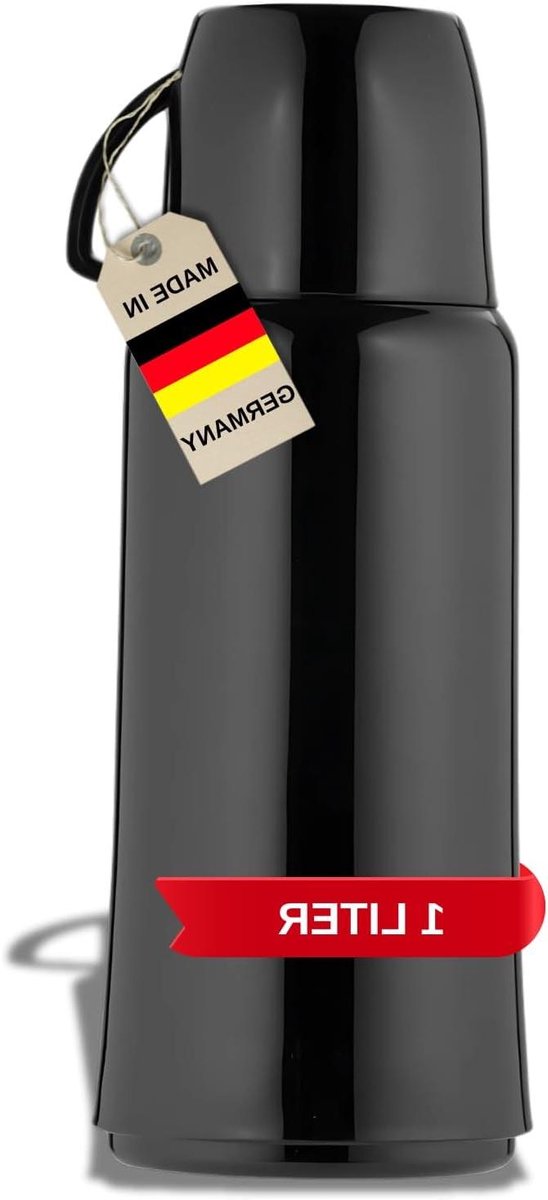 Isoleerfles Zwart - Thermosfles Drank - Dranken Warm Houden - Bediening Eén Hand - 1 Liter - Zwart