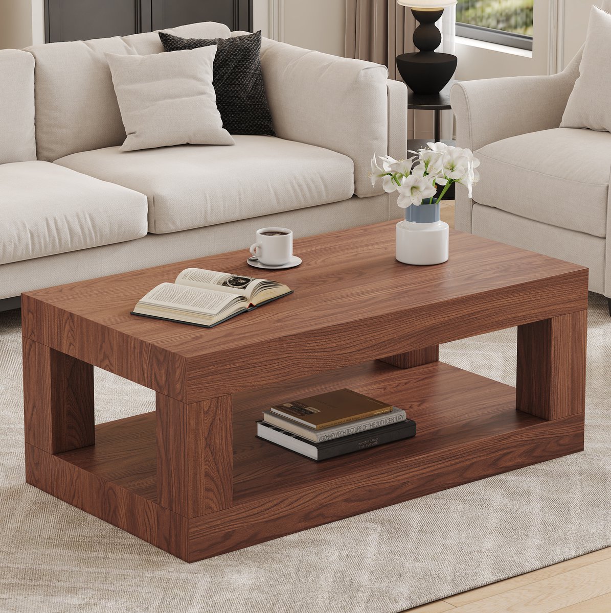 MIVRAY Salontafel - Rechthoekig 2-Laags Ontwerp Met Open Opbergrek - Voor Woonkamer - MDF In Walnootkleur - 93x53x46 Cm