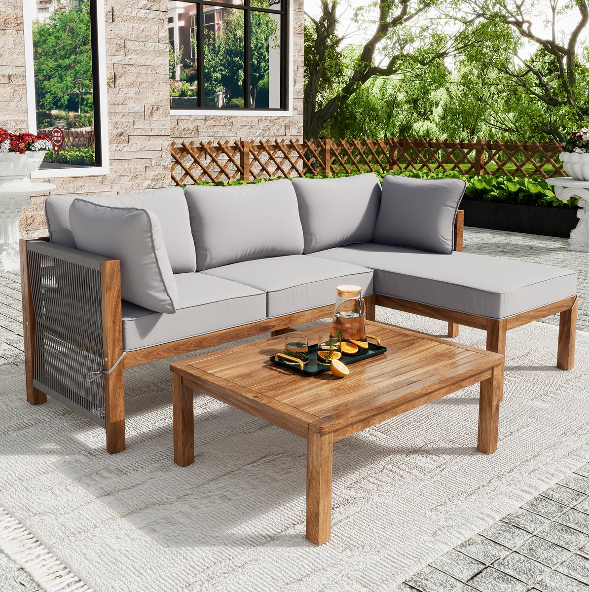 DESMIU Loungeset 175 x 117 cm - Hoek Loungeset Met Tafel En Afneembare Kussens - Voor Tuin En Terras - Acaciahout - Grijs