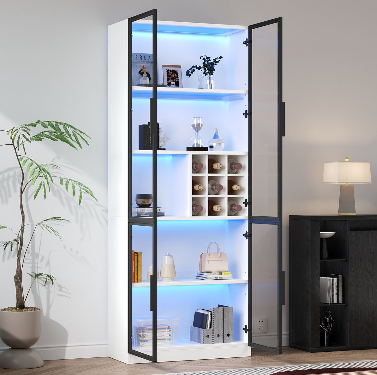 FloraGrace Boekenkast - Vitrinekast Met Glazen Deuren En Ledverlichting - Voor Woonkamer Of Keuken - Spaanplaat En Glas - 80x35x200 Cm - Wit