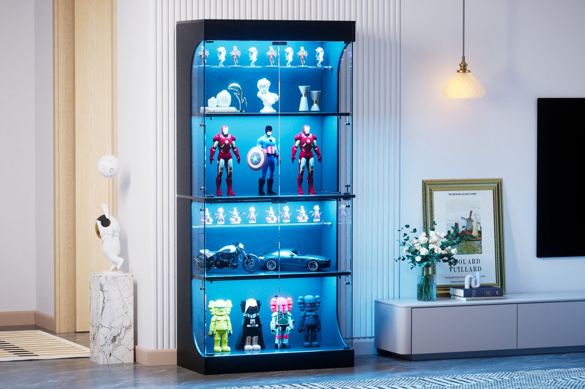 FloraGrace Vitrinekast - Glazen Displaykast Met LED, Sensor En Oplaadpunt - 4 Niveaus Voor Woonkamer Of Slaapkamer - Zwart - 80x35x165 Cm