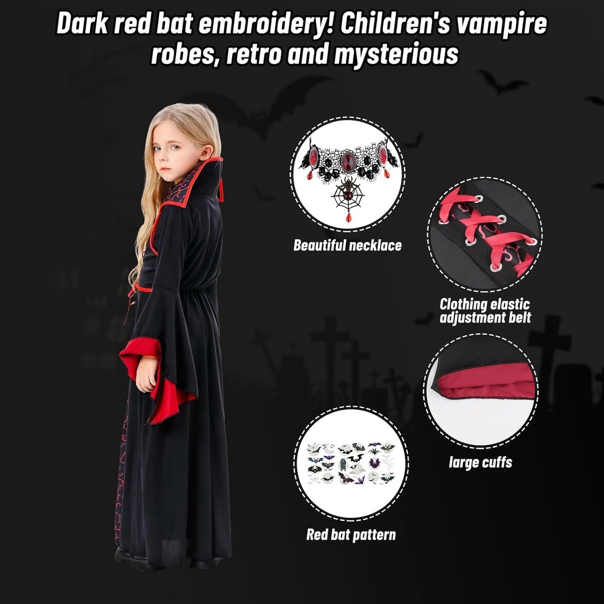 Griezelig vampier kostuum voor meisjes met cape, accessoires en schrikwekkende details