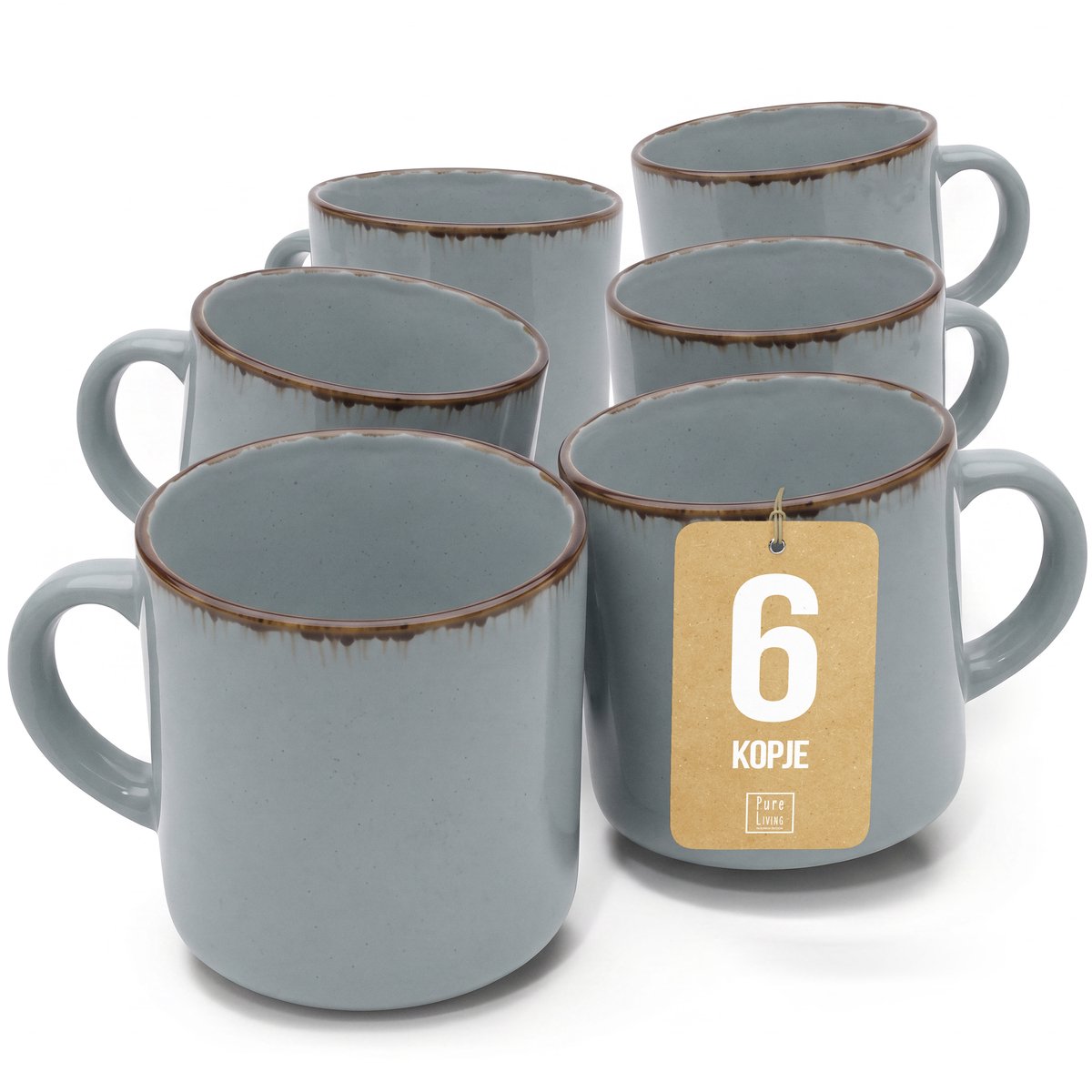 Pure Living Rustic Koffiekopjes - Rookblauw - Set Van 6 (350 ml) - Massief Aardewerk - Landelijk Design - Magnetron & Vaatwasserbestendig