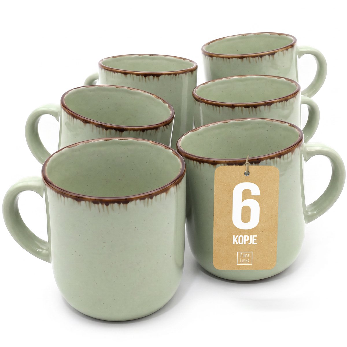 Pure Living Rustic Koffiekopjes - Mintgroen - Set Van 6 (350 ml) - Massief Aardewerk - Landelijk Design - Magnetron & Vaatwasserbestendig