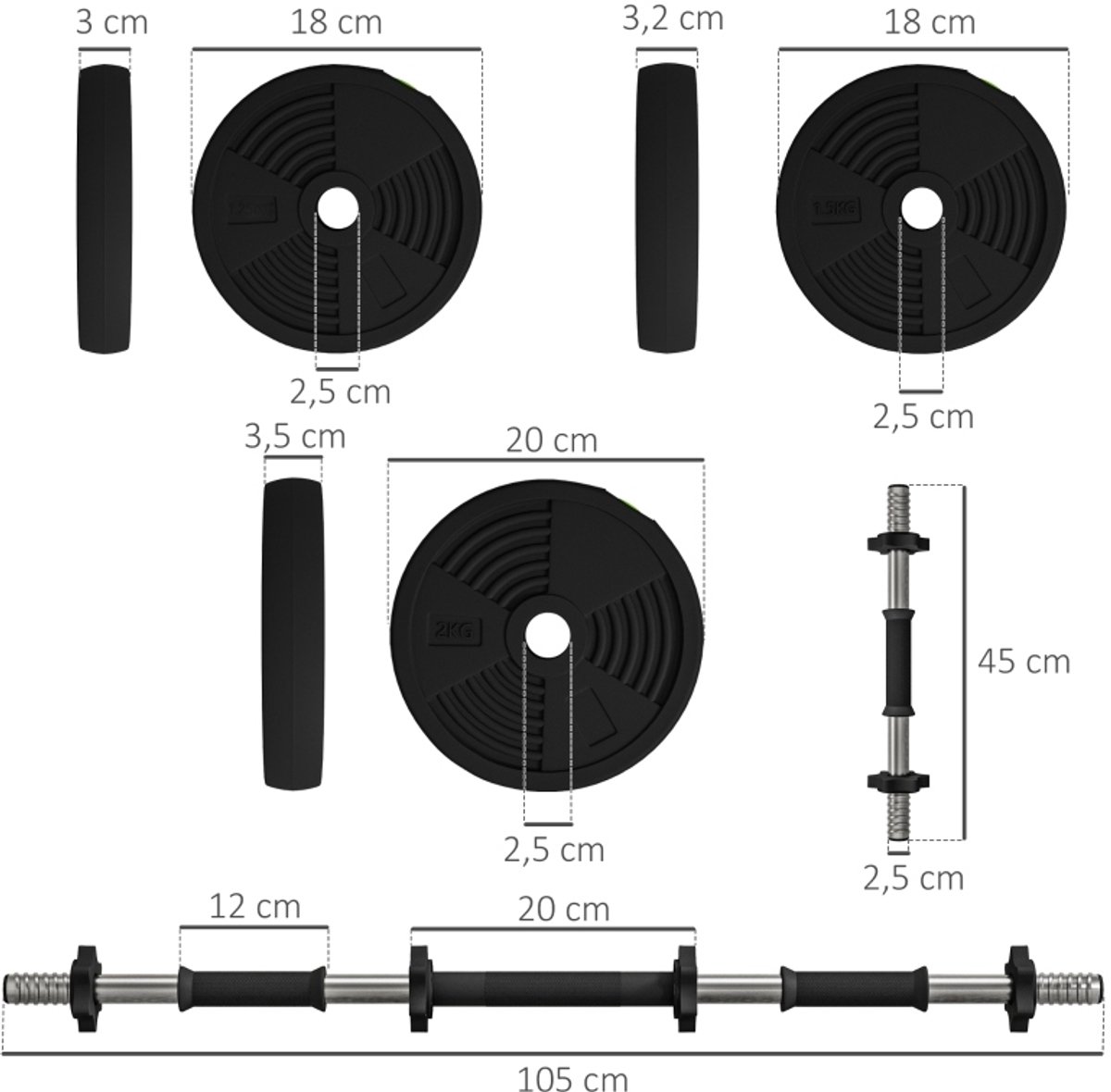 MEUNIQ 2-in-1 halterset 20 kg verstelbaar, langhalter en dumbbell set met antislip handgrepen, kunststof schijven, voor krachttraining en home gym, zwart