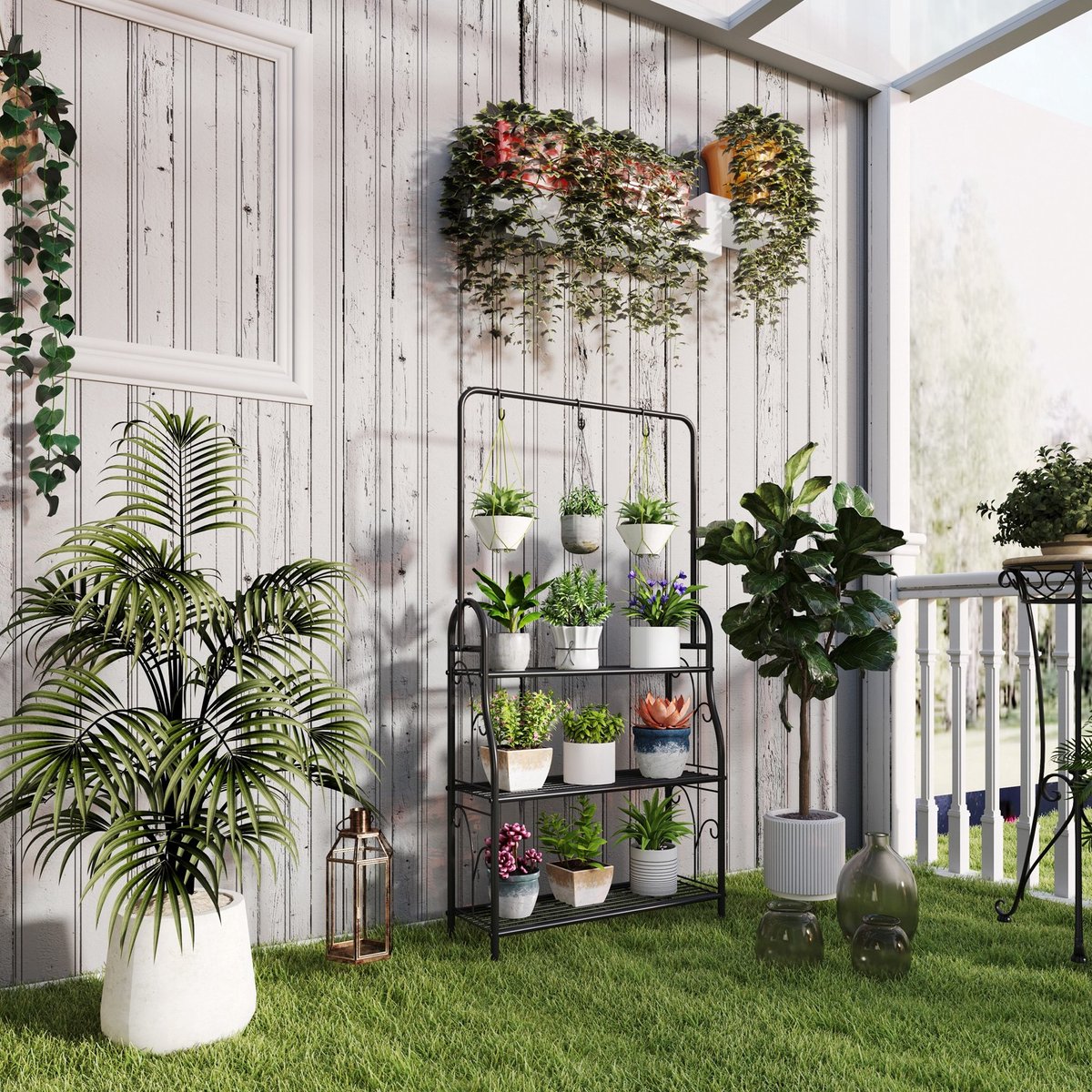 MEUNIQ Plantenrek 75 x 25 x 137 cm met 3 etages, hangstang en 3 haken, metalen bloemenstandaard voor binnen en buiten, woonkamer, balkon of tuin, zwart