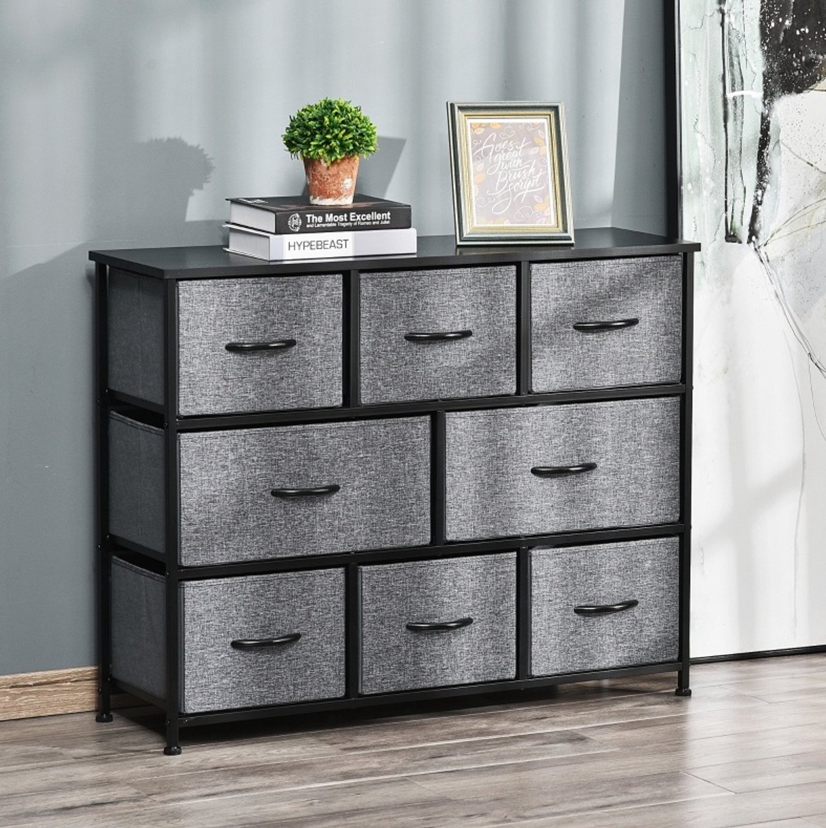 MEUNIQ kommode met 8 stoffen lades 100 x 30 x 78,5 cm opvouwbare opbergkast met metalen frame en MDF bovenblad voor slaapkamer of woonkamer donkergrijs