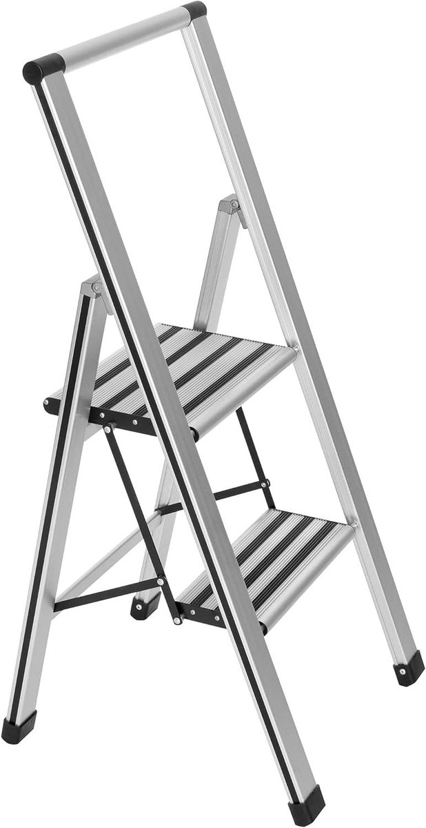 Aluminium Stepladder - Huishoudtrap 2 treden - Veilig werken hoogte - XXL antislip treden - 2 stuks - Zilver mat zwart