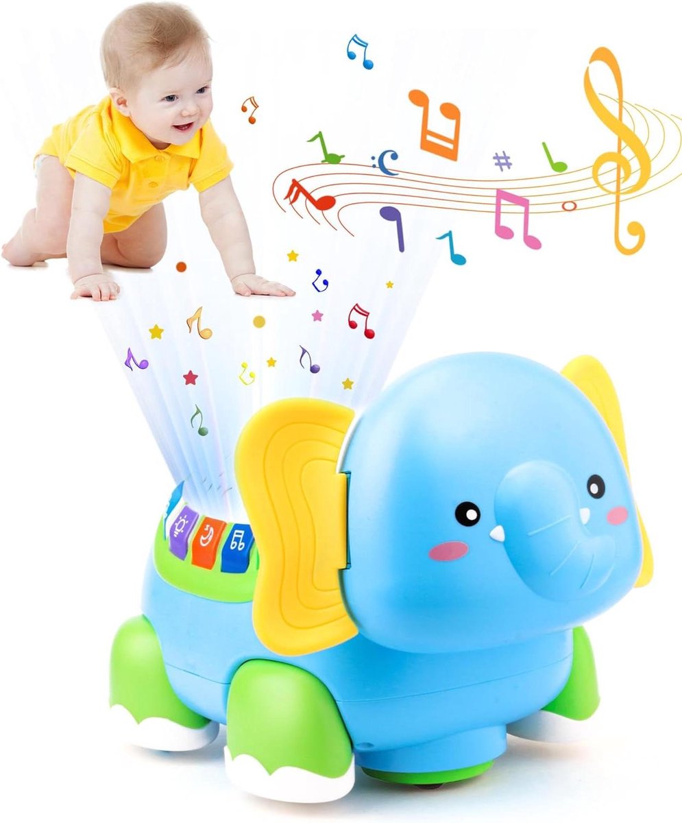 Babyspeelgoed Olifant - Kruipspeelgoed Muziek - Baby Ontwikkeling Stimuleren - Met Muziek Projector - 20 x 12 x 4 cm