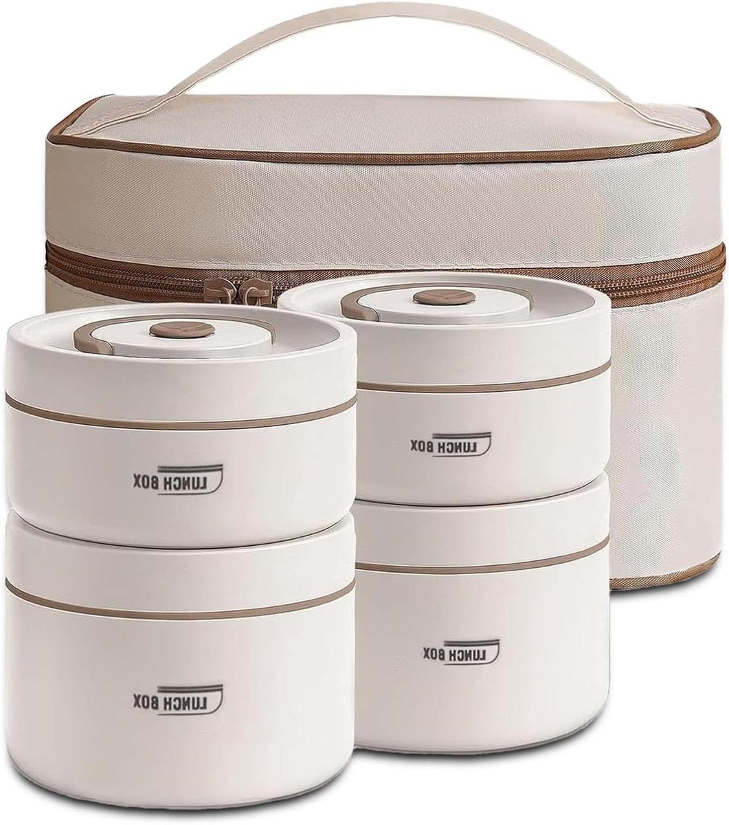 Thermo Lunchbox Set - Voedselcontainers - Warme maaltijden - Lekvrij roestvrij staal - 4 stuks - Beige