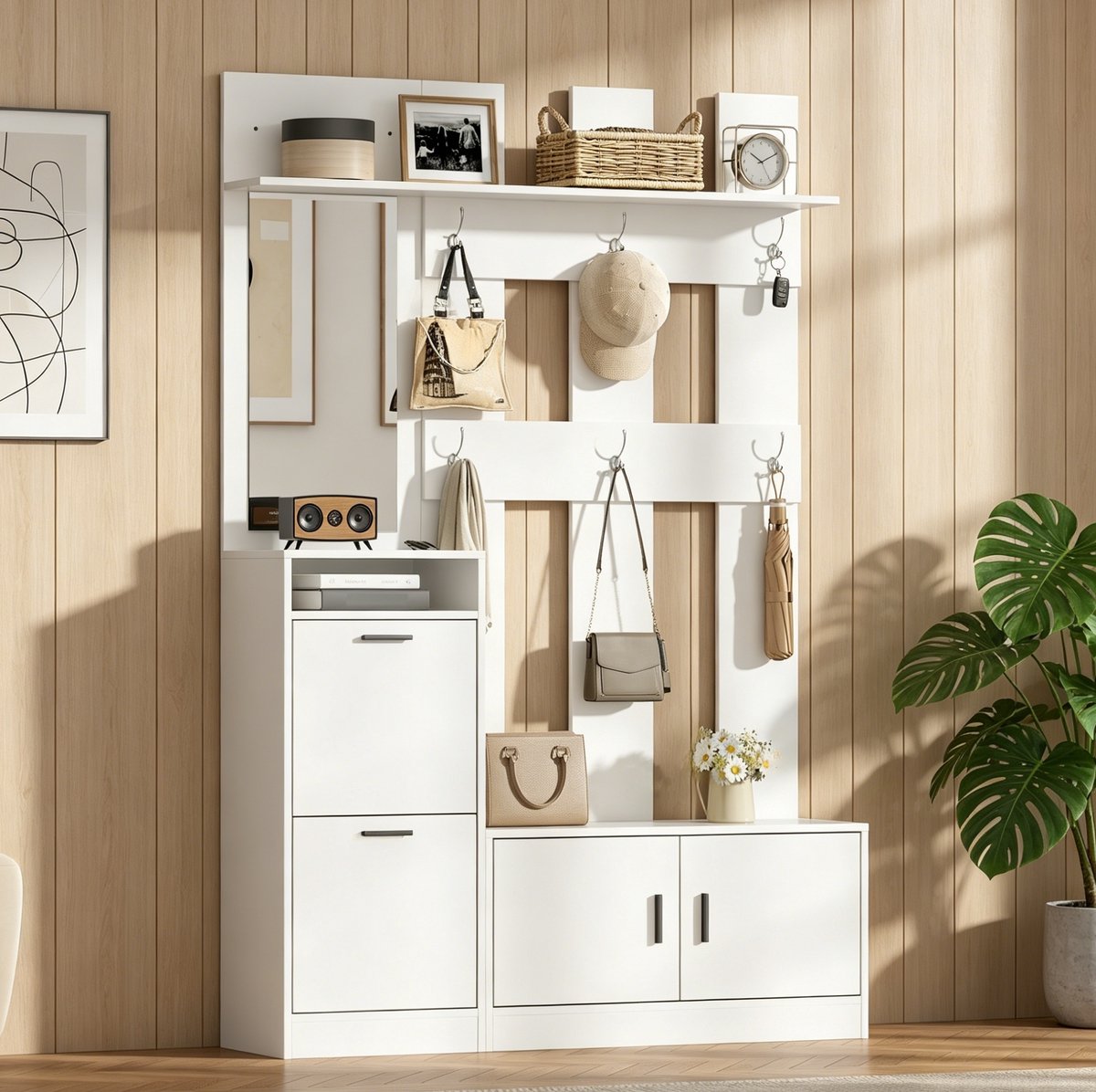 MIVRAY Schoenenkast - Halmeubel Met Spiegel En Haken - Smal Ontwerp Voor Entree En Gang - Mat Wit MDF - 120x30x180 Cm
