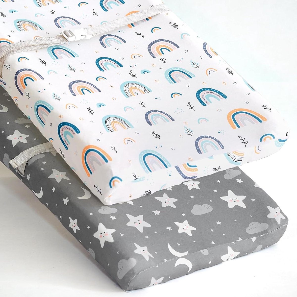Aankleedkussenhoezen Baby - Commodehoezen Set - Comfortabel Luiers Versjonen - Ultra Rekbaar Zacht - 2 Stuks - Regenboog & Sterren