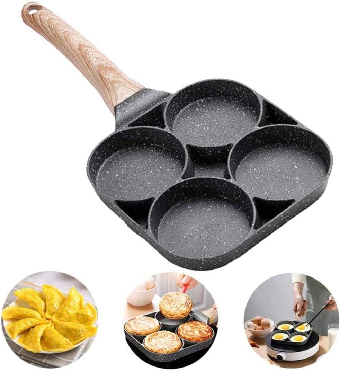 Koekenpan met 4 Gaten - Omeletpan Burgerpan - Ontbijt Maken - Antiaanbak Maifansteen - 7.5 Inch Diameter - Zwart