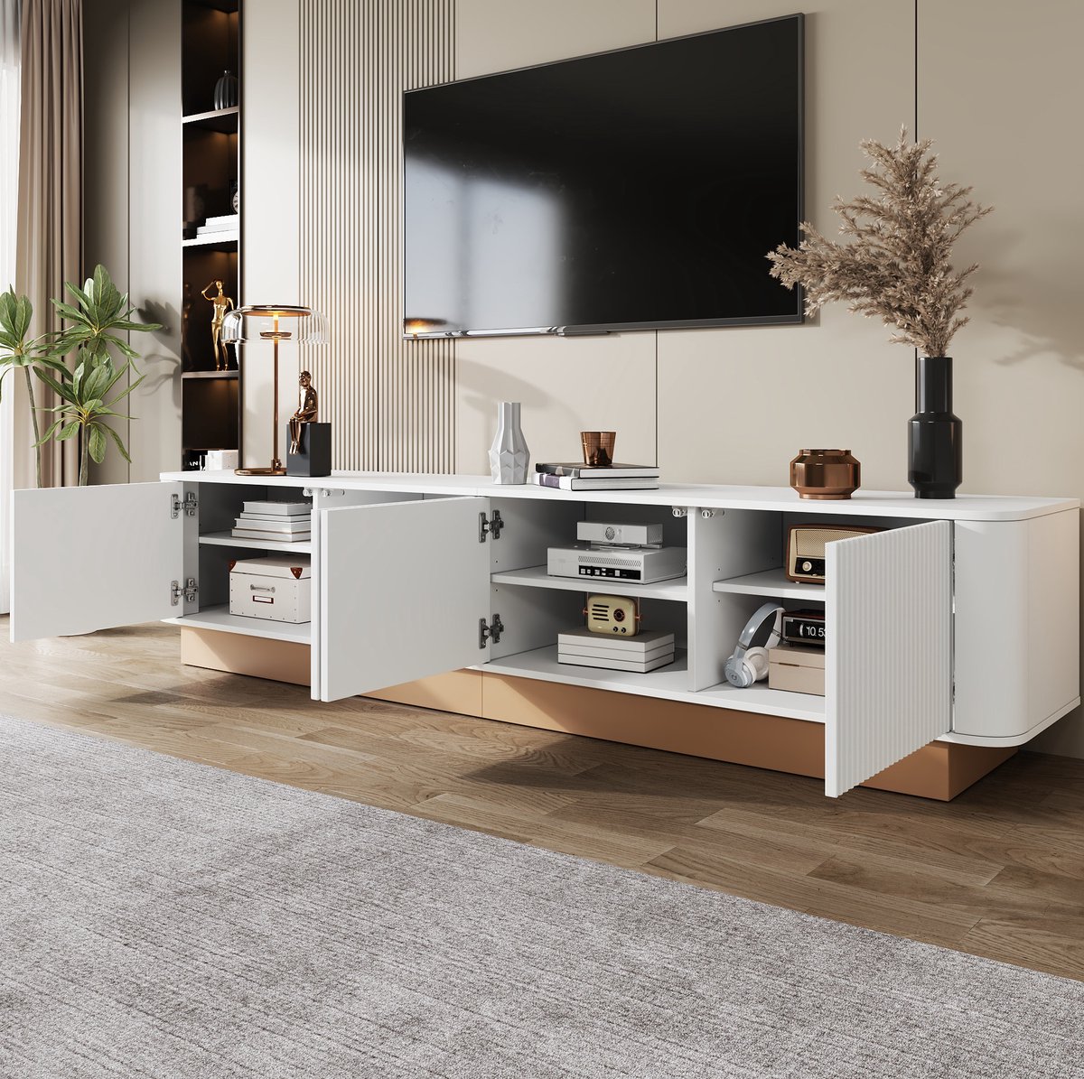 MIVRAY Dressoir - Geribbelde Tv Kast Met 4 Deuren En Verstelbare Planken - Voor Woonkamer - MDF - Wit - 200 x 40 x 47,5 cm
