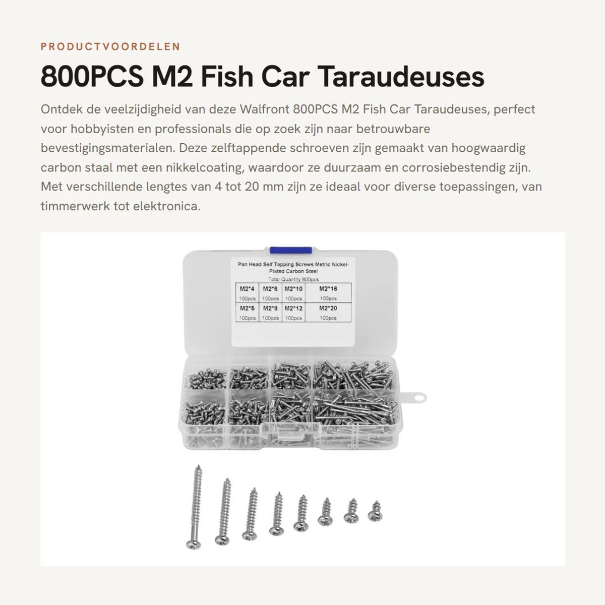 Dailygoods - 800PCS M2 Fish Car Taraudeuses - Zelftappende Schroeven - Kwaliteit Carbon Staal - Pan Head - M2 Draad - Geschikt voor Diverse T...