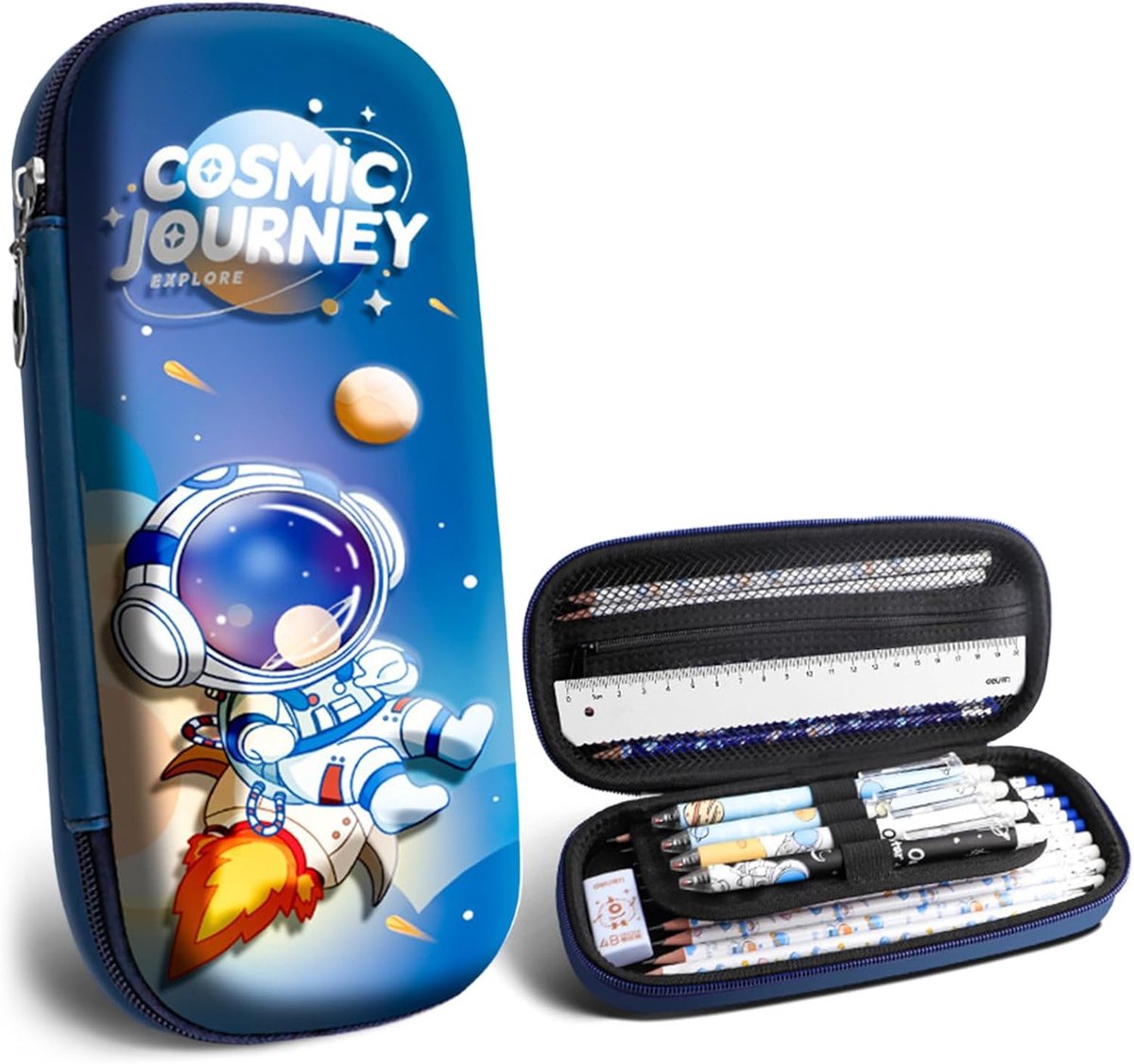 Thijox - Pennenetui 3 vakken - Schattig en mooi etui voor school, meisjes en jongens - 3D-astronaut design - Ruime opbergruimte voor pennen, gummen en