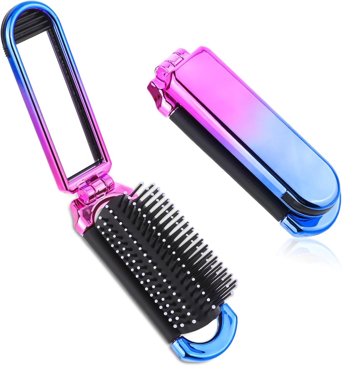 Thijox - Mini reishaarborstel met spiegel, opvouwbare haarborstel in zakformaat, nylon borstelharen, compacte kam voor dames en heren, ideaal voor aut