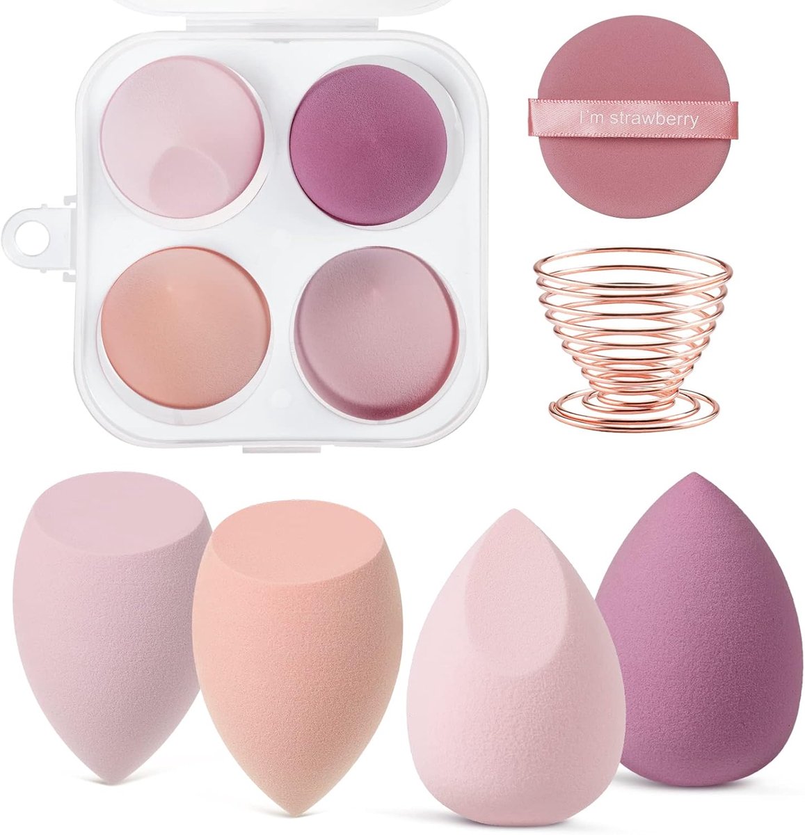 Thijox - 6-delige make-up spons set, professionele beauty sponzen voor foundation, crème, vloeistof, poeder met opbergdoos en poederkwast, veelkleurig