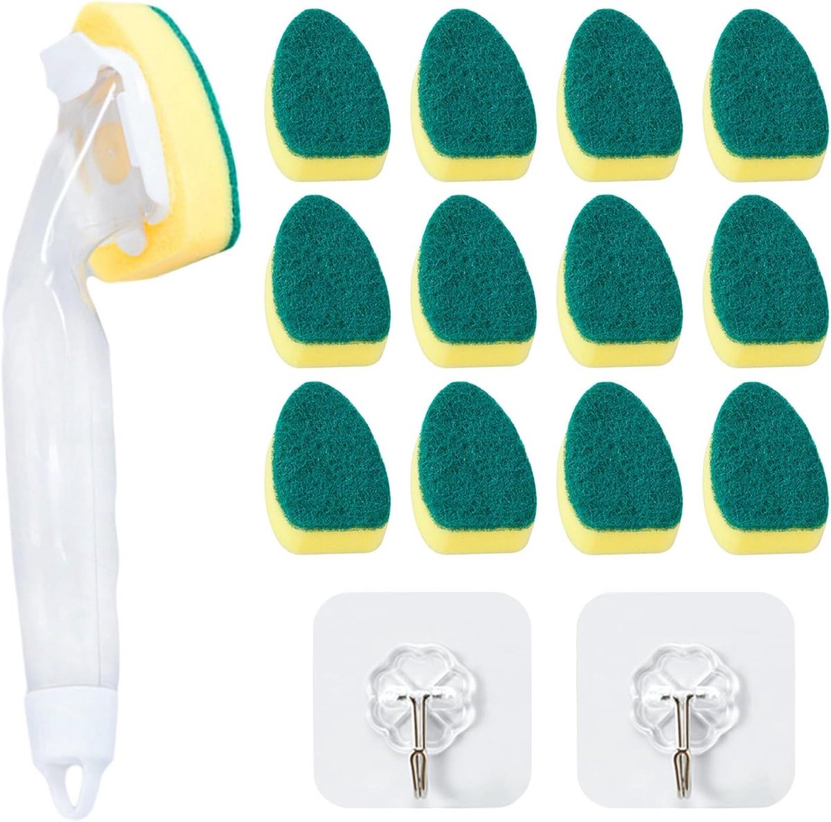SnelShoppen - Potborstel met Lange Handgreep en 12 Sponskoppen, Schoonmaaktool voor de Keuken, Inclusief 2 Transparante Haken, Duurzaam en Comfortabel