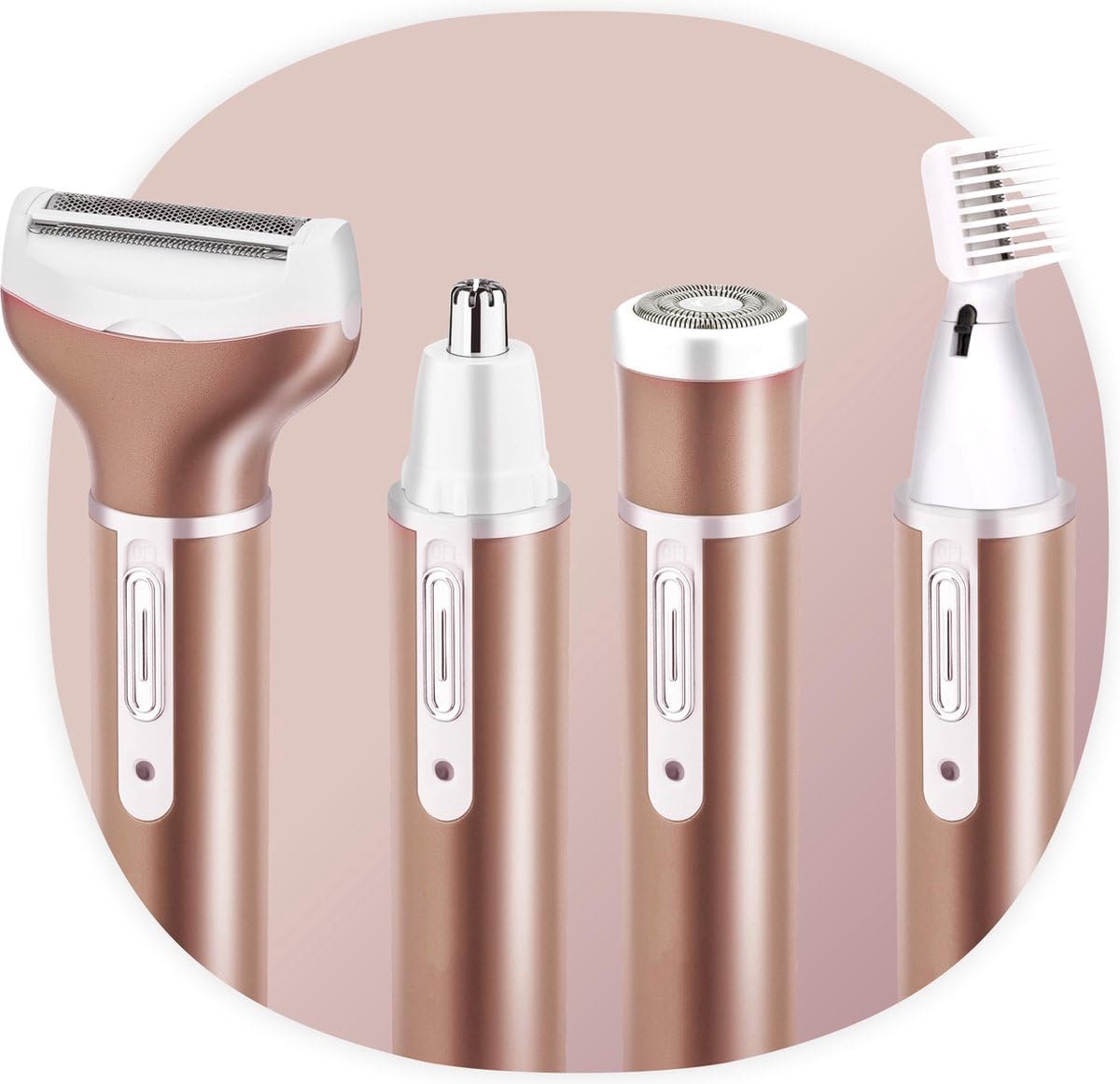 SnelShoppen - 4 in 1 Ladyshave - Oplaadbare Wenkbrauw Trimmer, Neus- en Oor Trimmer, Roze Goud, Dames Scheerapparaat voor Gladde Huid, Perfect voor Th