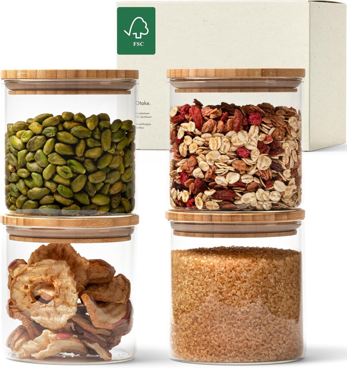 Thijox - Voorraadpotten Set [4 x 600ml] - Stapelbare Glazen Potten met Bamboe Deksels voor Meel, Granen, Keuken, Opberging, Duurzaam en Stijlvol