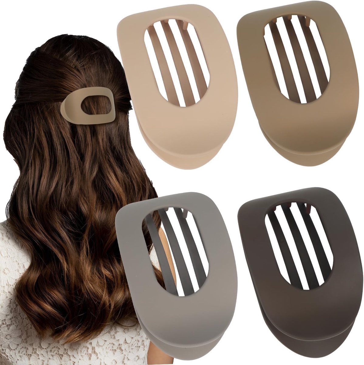 Thijox - 4 Stuks Bruine Matte Haarklemmen voor Dames, Platte Haarspelden, Haarklemmen voor Dun en Dik Haar, Gebogen Design, Flat Claw Clip voor Feest