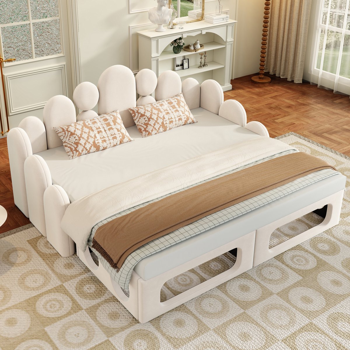 Slaapbank met huisdierbed - 2-in-1 gestoffeerd bed 180x200 cm - met lattenbodem en rugleuning - beige - zonder matras