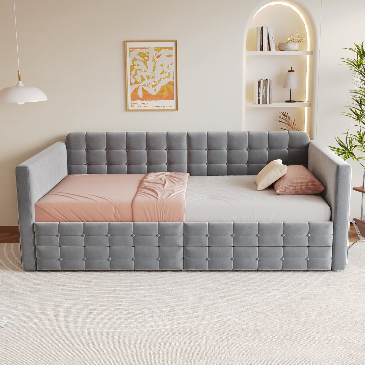 Slaapbank 90x190cm - ruitpatroon - met opbergruimte en twee lades - eenpersoonsbed - fluwelen stof - grijs - zonder matras