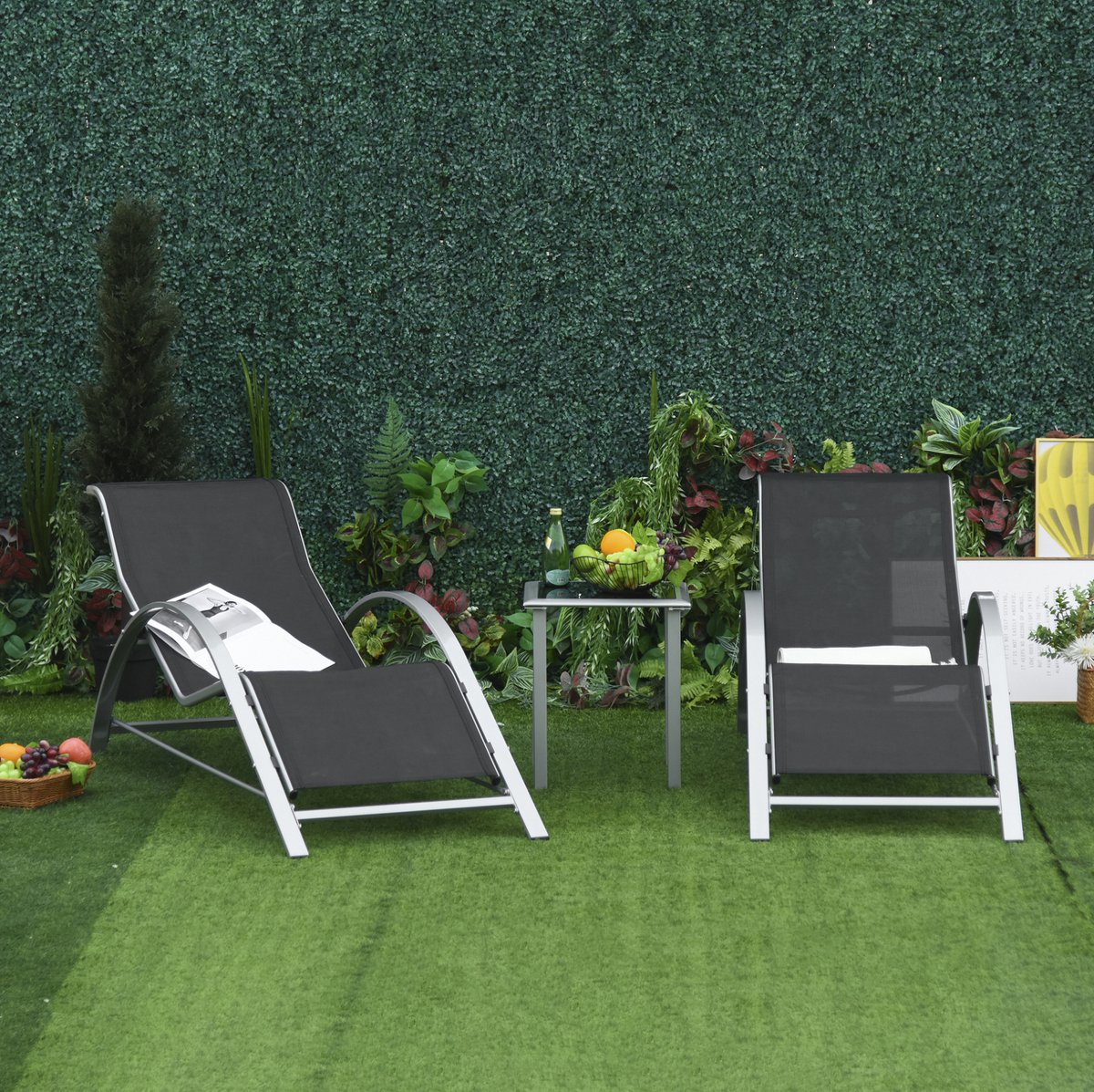 DESMIU Bistroset 3 Delig 59 x 169 x 66 cm - 2 Ligstoelen Met Bijzettafel - Voor Tuin Terras En Balkon - Metaal En Glas - Zwart