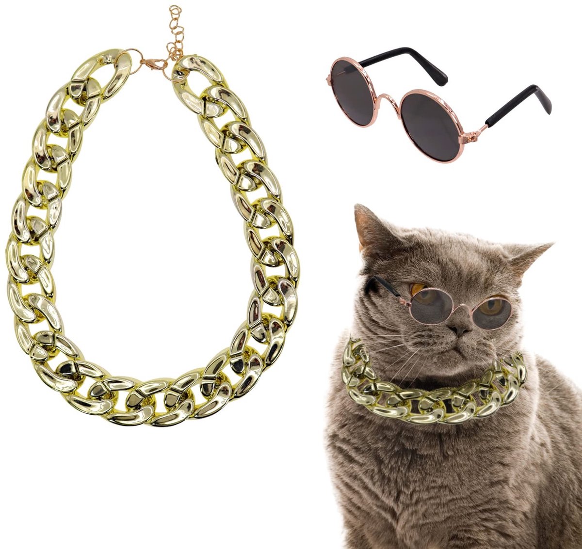 Inovra- Kattenzonnebril Lichtgewicht - Huisdier Kostuum - Zonnebril - Halsband/Ketting - Fotorekwisieten - Perfecte Maat 8 cm