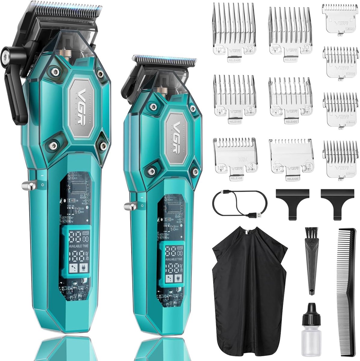SnelShoppen - Professionele Draadloze Haartondeuse voor Mannen met Trimmer en 10 Opzetkammen, USB Oplaadbare Knipmachine met LED Display, Groene Kappe