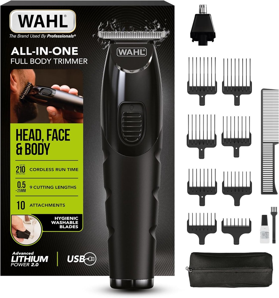 SnelShoppen - All in One Trimmer voor Haar, Baard, Oren, Neus en Lichaam - Krachtige Lithiumaccu, Afwasbare Opzetstukken, Breed T-Snijmes, 0,5 mm tot