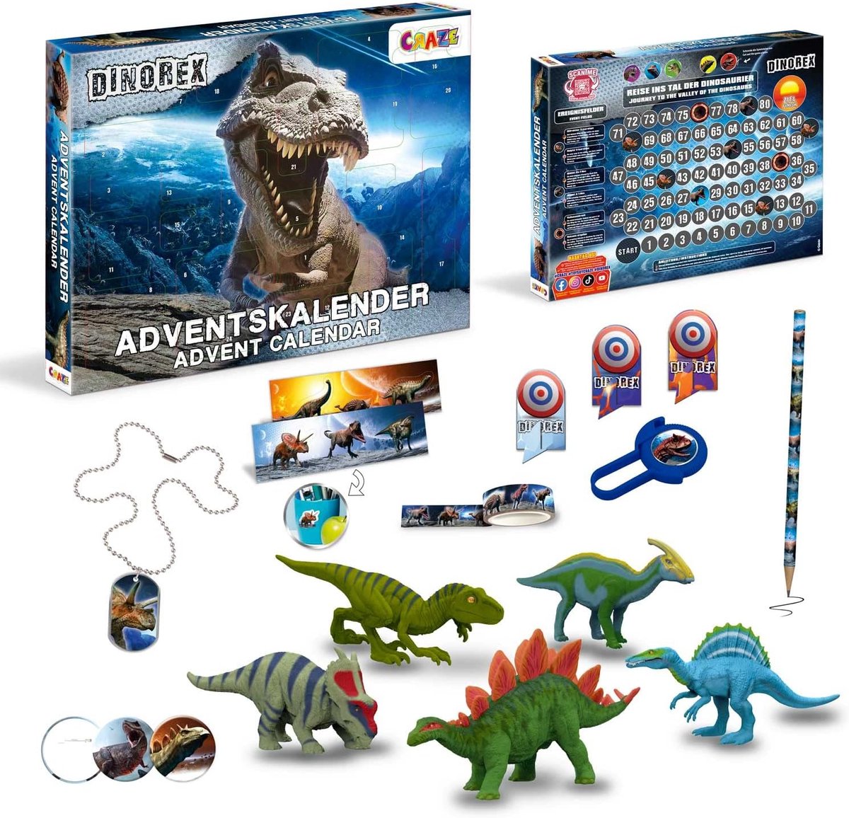 Thijox - CRAZE DINOREX speelgoed adventskalender voor kinderen - dino-adventskalender met dino-figuren, schrijfwarenaccessoires, puffy-stickers, potlo