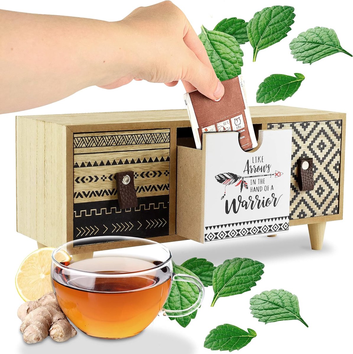 SnelShoppen - Theedoos Modern Hout Boho-stijl - Liggende Theezakjes Opbergdoos met Uitneembare Laden - Decoratief en Multifunctioneel voor Keuken en F