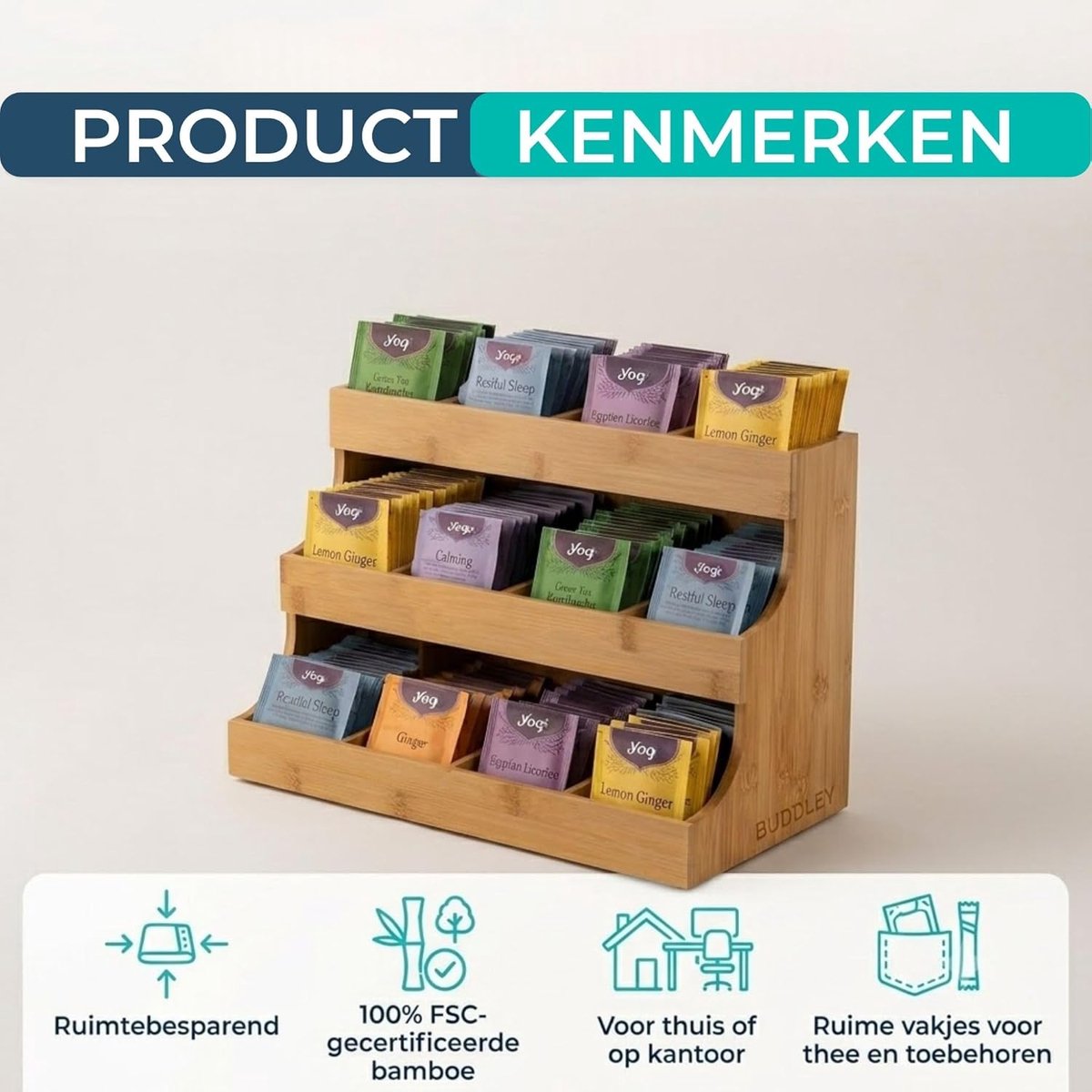 SnelShoppen - Theedoos 12 Vaks - Bamboe Thee Organizer - Stijlvolle Theehouder - Theebox Display voor Keuken en Tafel - Theezak Organiser Hout - Ideaa — cadeau in Wonen & Interieur - foto 7