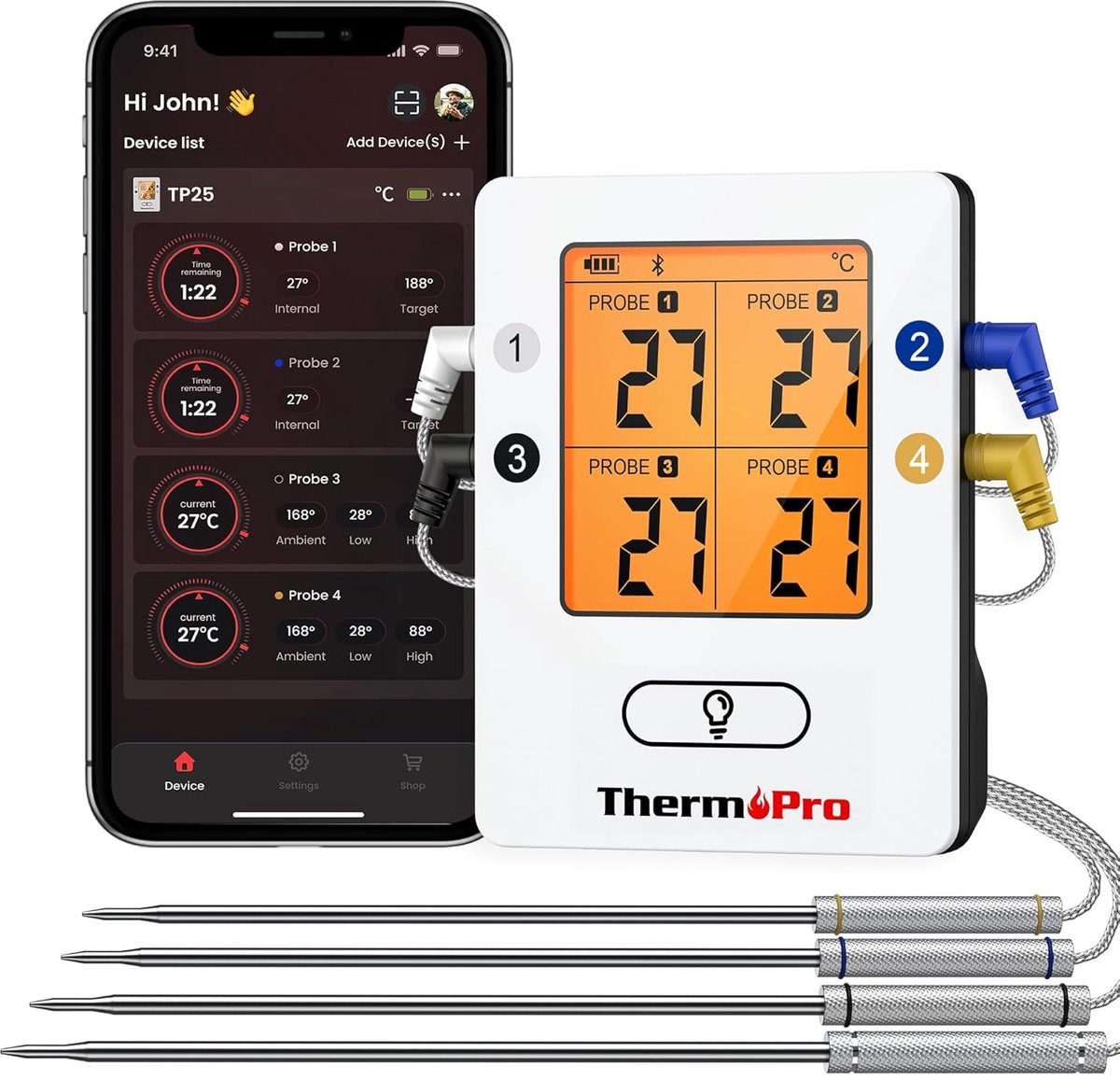 Thijox - ThermoPro TP25 Bluetooth Vleesthermometer met 4 Temperatuur Sondes - Draadloze Digitale BBQ Thermometer voor Grillen, Roken, en Koken - Oplaa