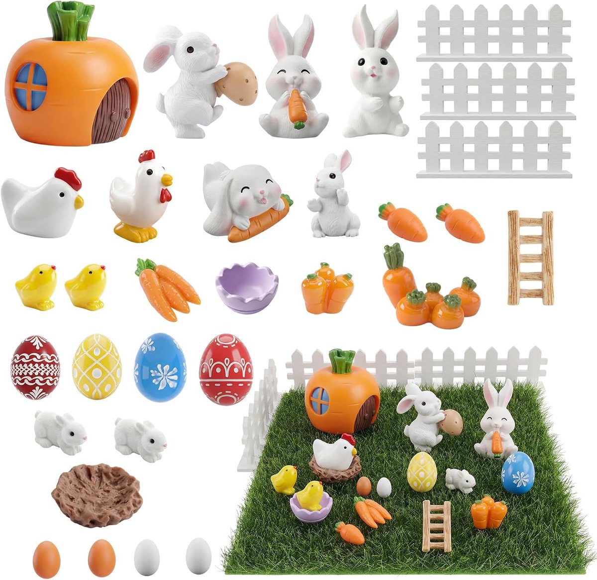SnelShoppen - 32-delige Miniatuur Konijn Figuren Set - Hertjes Ornamenten van Hars - Pasen