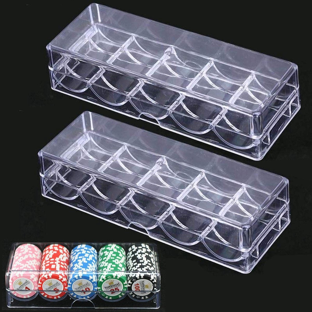 Dailygoods- Poker Chips Set - 100 Chips - Transparante Acryl Box - Duurzaam en Robuust - Geschikt voor Feest en Casino - 5 Rijen voor Organisatie