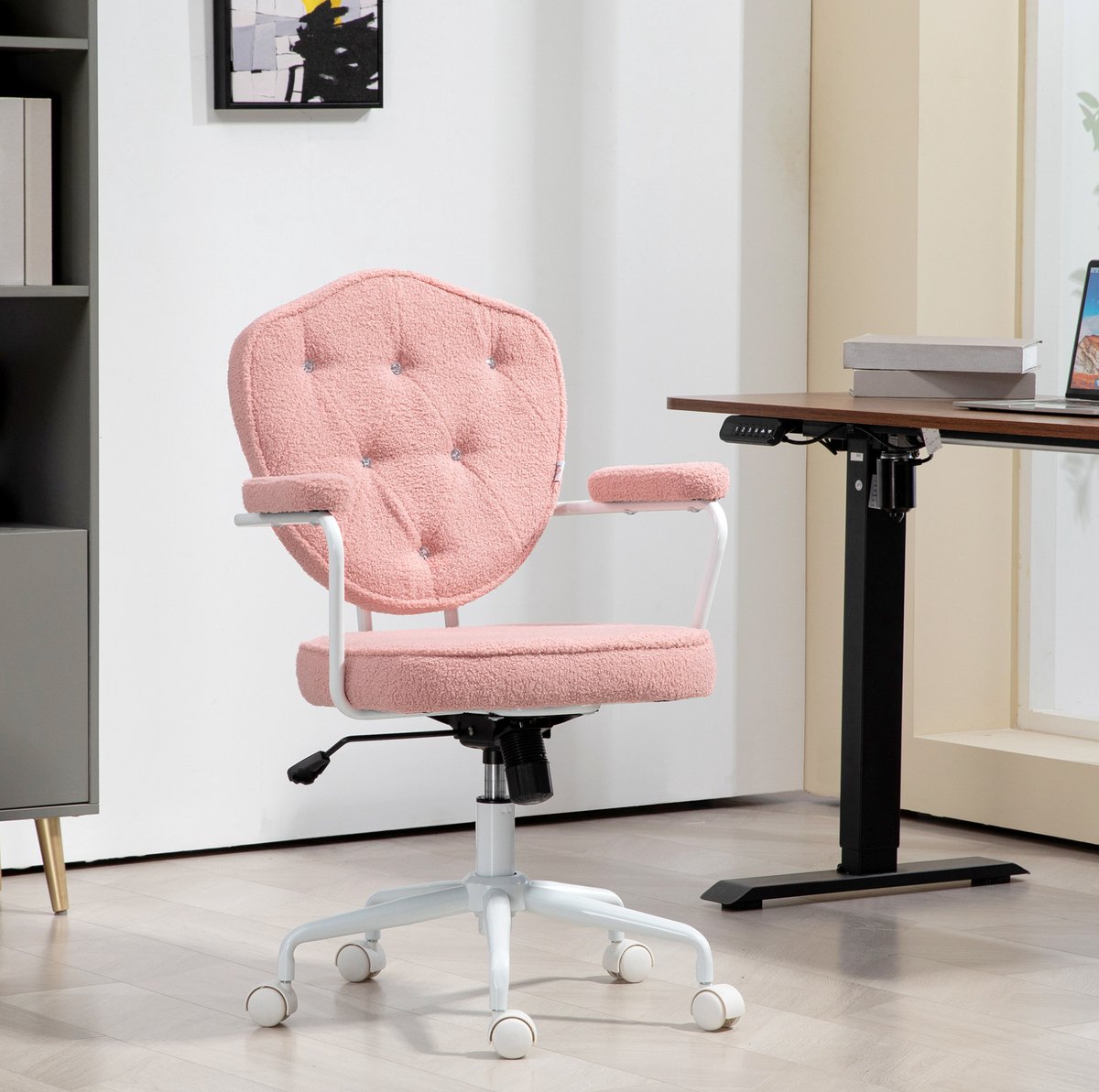 MEUNIQ bureaustoel met wippfunctie en draaibare rolwielen, in hoogte verstelbare computerstoel met zachte polyester bekleding voor thuiskantoor of make-uphoek, roze