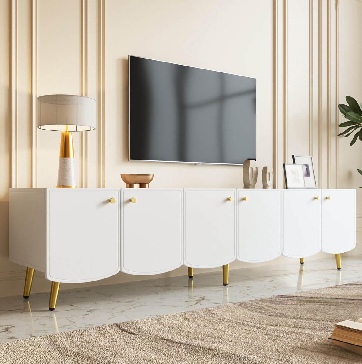 STILVORA Dressoir - TV Meubel Met 6 Deuren En Ruime Opbergruimte - Voor Woonkamer En Slaapkamer - Spaanplaat - 180x40x45 Cm - Wit;Goud