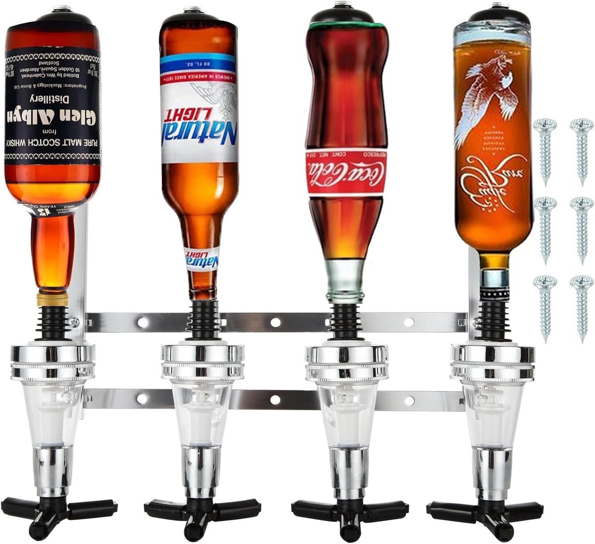 Wandgemonteerde alcoholdispenser voor 4 flessen, 30ml, ideaal voor thuisbar, feestjes en keukenbar, perfect voor sterke dranken en wijn