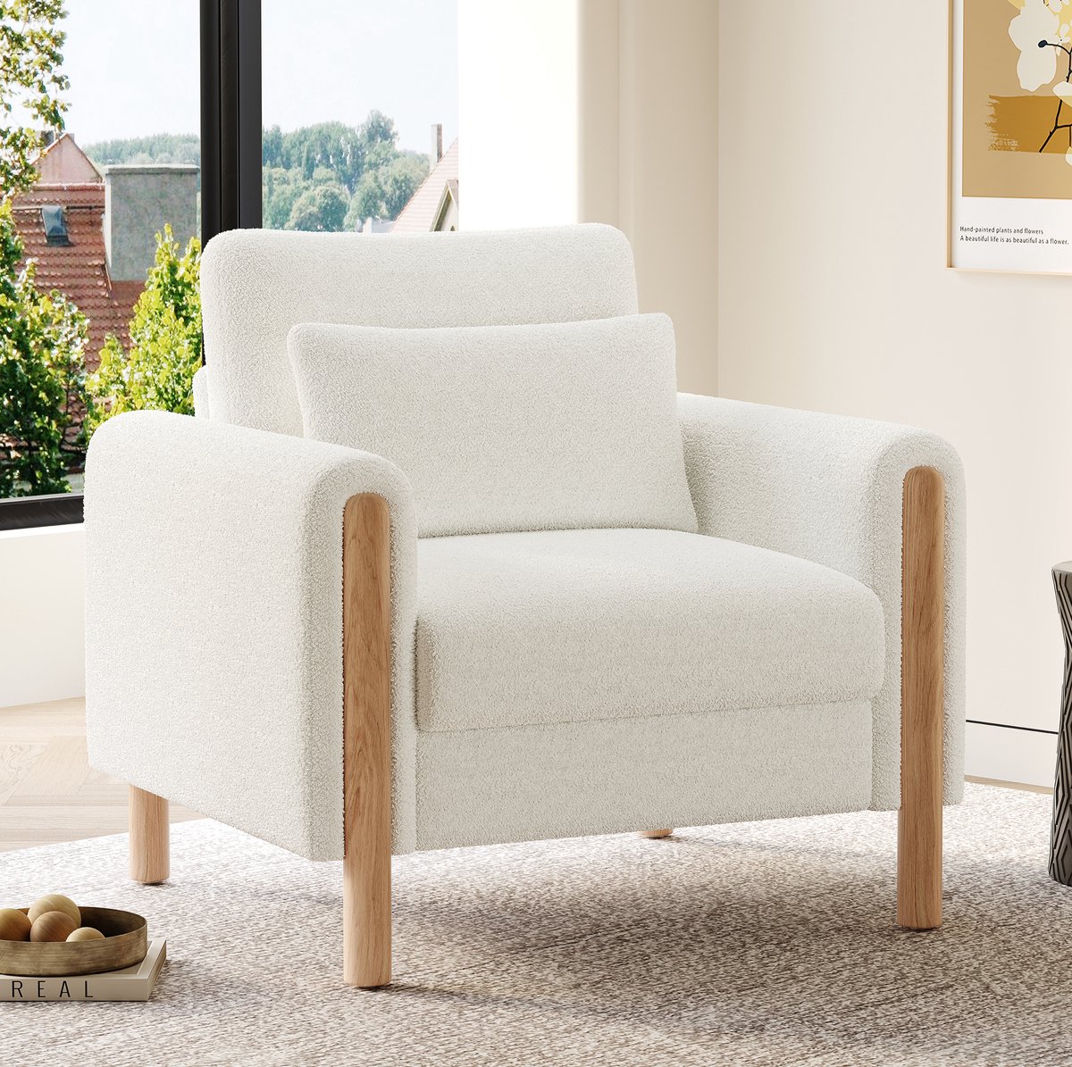 HAUSS SPOLE Fauteuil - Loungestoel Met Armleuningen En Dik Kussen - Comfortabele 1-Zits Voor Woonkamer, Kantoor En Slaapkamer - Teddystof Wit
