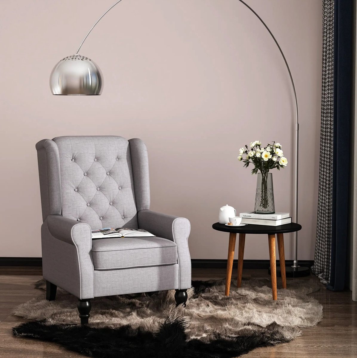 MEUNIQ fauteuil 74 x 86 x 102 cm met hoge rugleuning, knoopstiksel, armleuningen en zwarte houten poten, polyester bekleding voor woonkamer of leeshoek, grijs