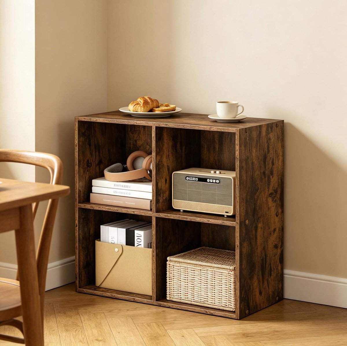 HAUSS SPOLE Boekenkast - Open Opbergrek Met 4 Vakken En Kantelbeveiliging - Voor Woonkamer En Kantoor - Hout - 59,6x59,8x29 Cm - Rustiek Bruin