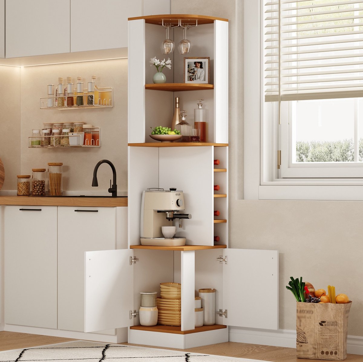OKWISH Buffetkast – Hoekkast Met Wijnglasrek En 4 Wijnvakken – 40 x 40 x 182 cm – Ruimtebesparende Opbergkast Voor Keuken En Eetkamer – MDF Wit