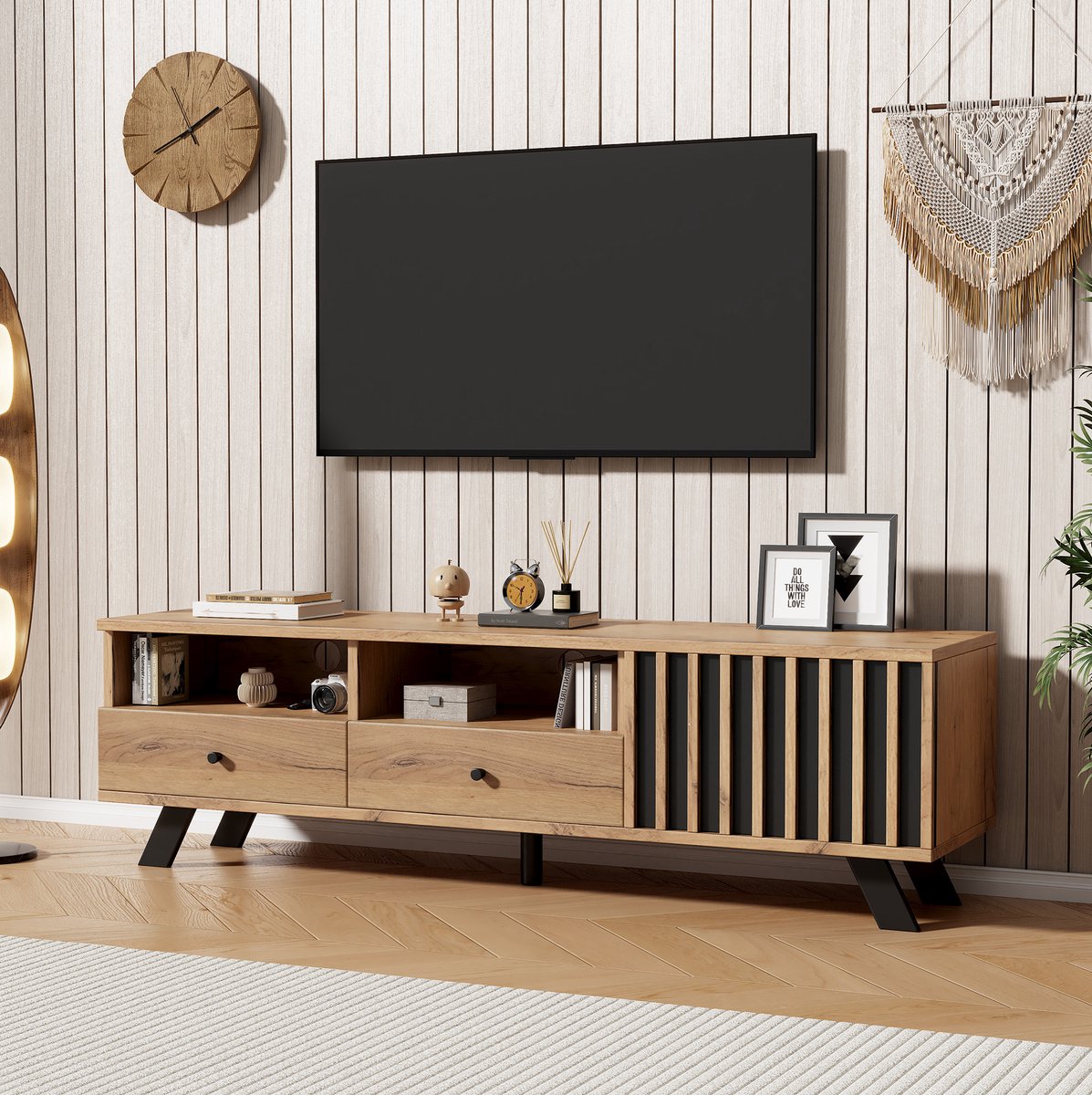 HAUSS SPOLE Halmeubel - Tv Kast Met 2 Lades En Opbergvak - Voor Kleine Woonkamer En Tv Tot 60 Inch - Spaanplaat - 150x38x44 Cm - Naturel Hout En Zwart