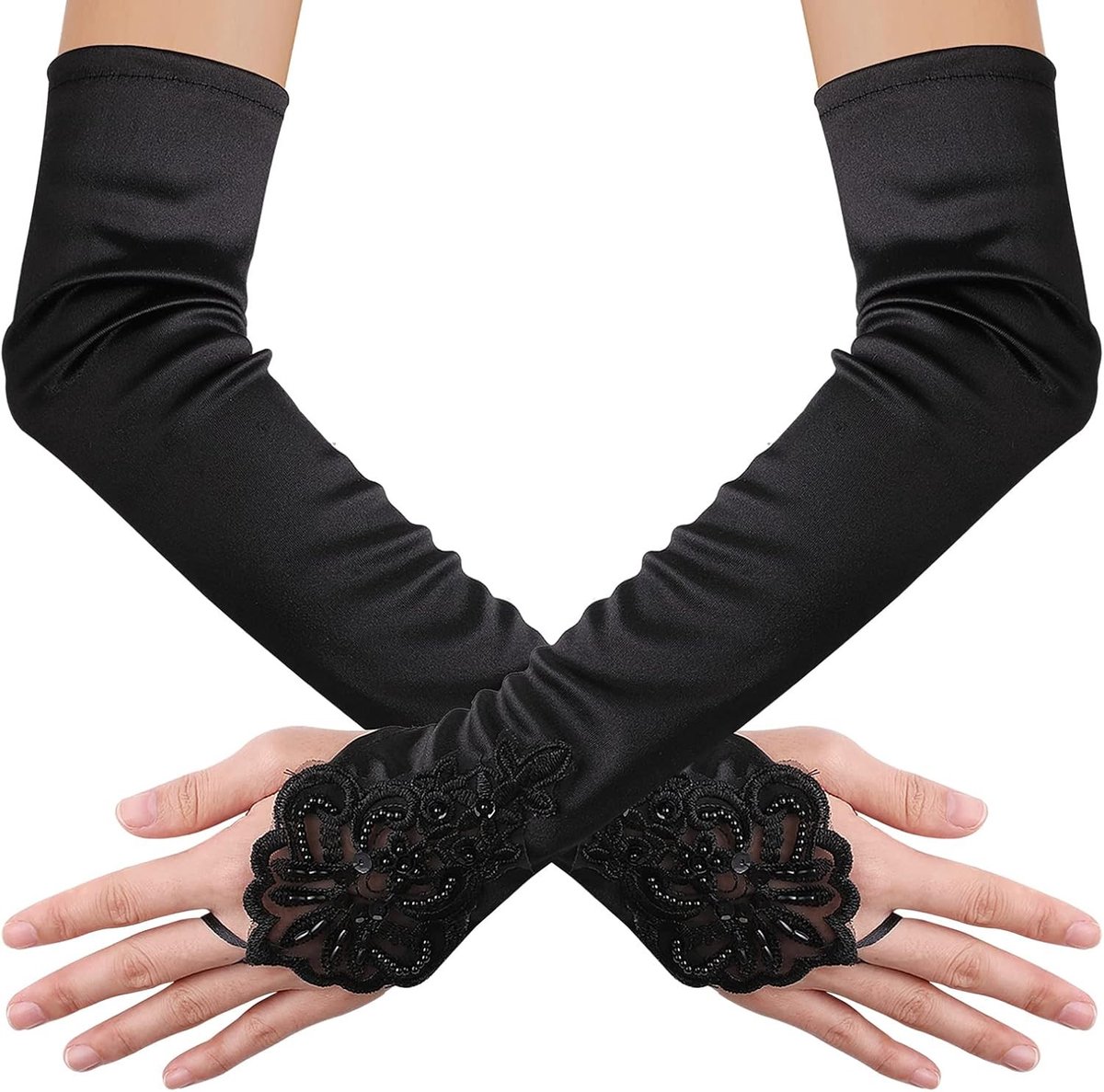 Elegante Satijnen Kanten Vingerloze Ellebooglange Dameshandschoenen voor Bruiloften en Feestjes