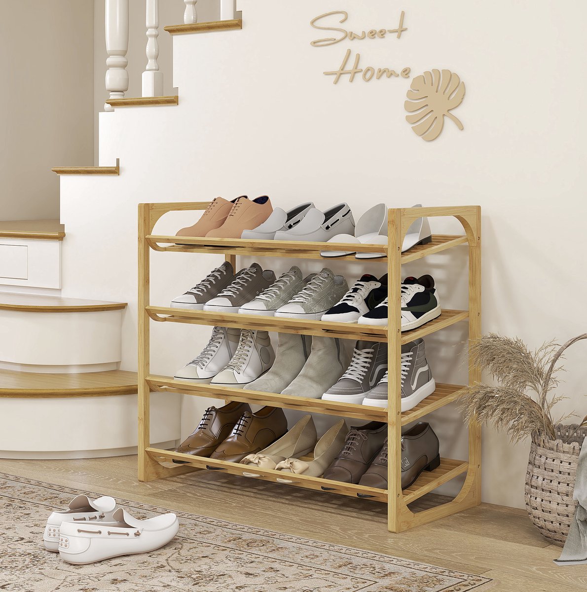 MEUNIQ Bamboe schoenenrek 76 x 33 x 67 cm met 4 schuine niveaus voor 12 paar schoenen, staand open schoenenrek voor hal, entree of slaapkamer, naturel