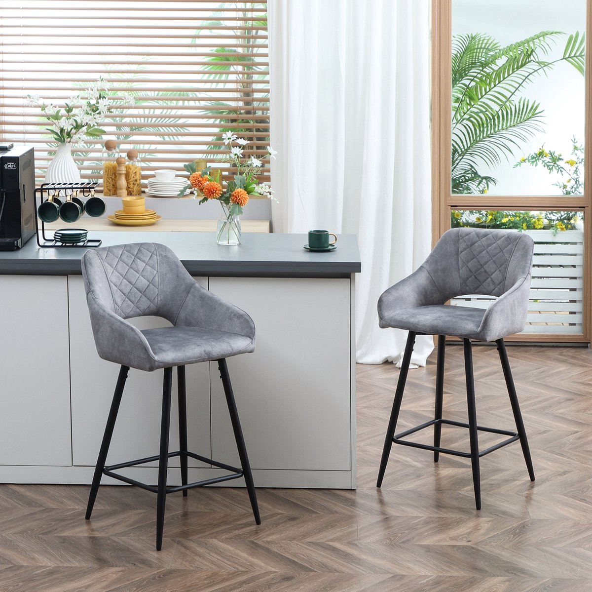 MEUNIQ barkrukken set van 2 met rugleuning en voetsteun, 67 cm zithoogte, polyester bekleding met fluweellook, stalen poten, 50 x 53 x 94 cm, grijs