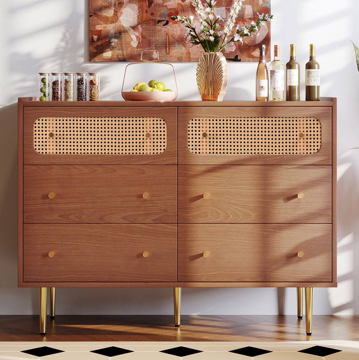 HAUSS SPOLE Dressoir - Commode Met 6 Lades En Rattan Details - Opbergkast Voor Slaapkamer En Woonruimte - Hout En Metaal - 120x40x90 Cm - Walnoot